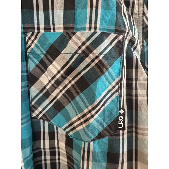 LRG Mens Plaid Short Sleeve Button-Up Shirt Medium Teal/Black Cotton - Picture 4 of 5